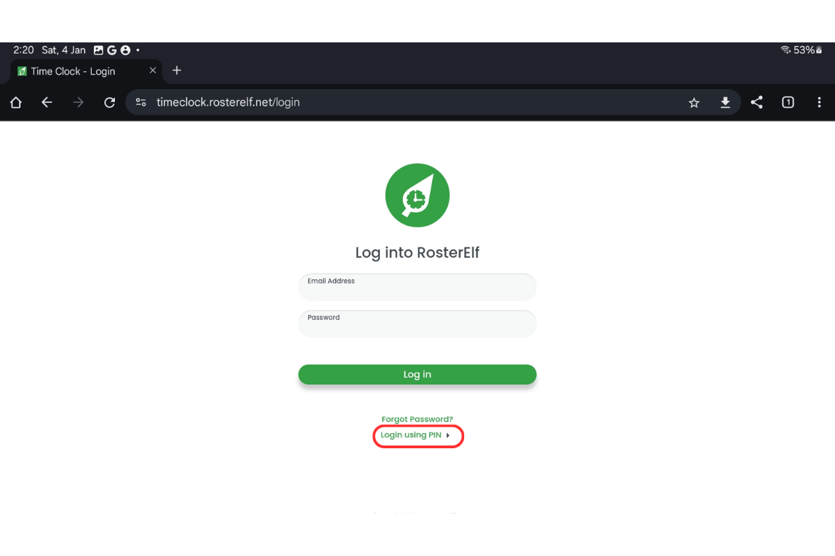 Screenshot showing the PIN login feature on Time Clock