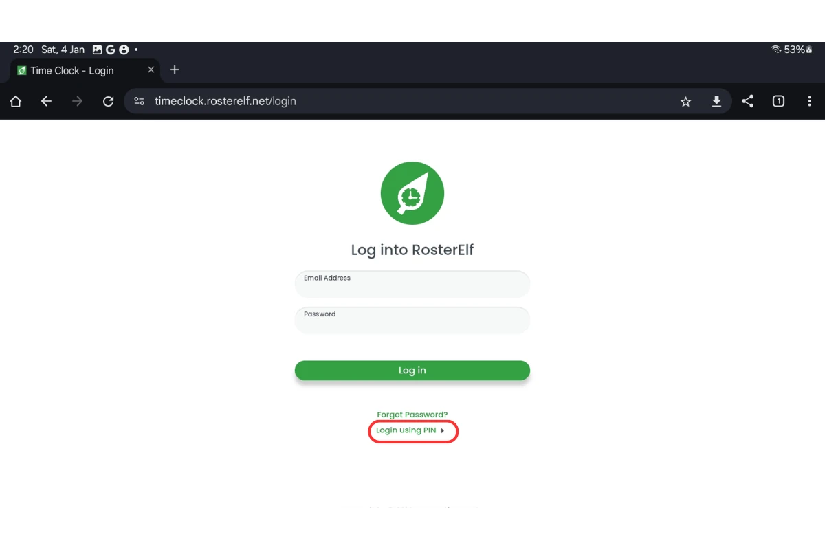 Screenshot showing the PIN login feature on Time Clock