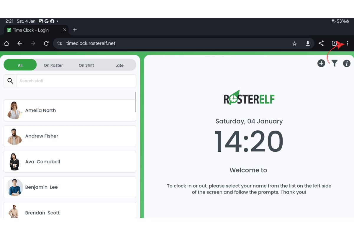 Screenshot pointing to the share button in Chrome on an Android tablet