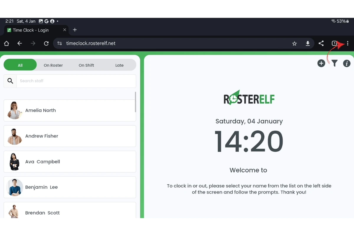 Screenshot pointing to the share button in Chrome on an Android tablet