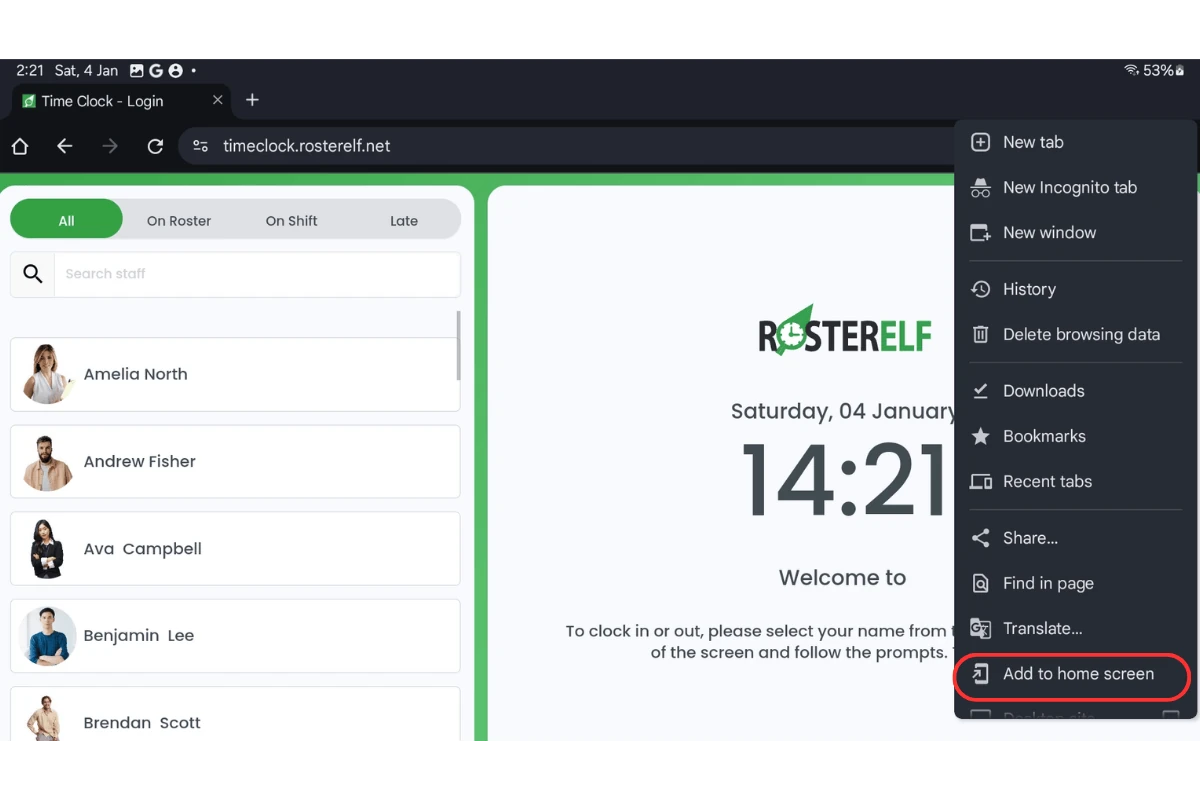 Screenshot showing the Add to Home Screen option in Chrome's share menu