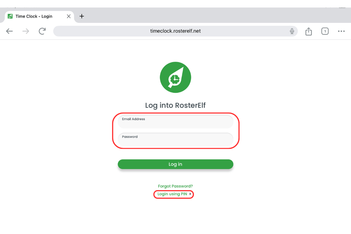 Screenshot showing the TimeClock login screen with admin/PIN options