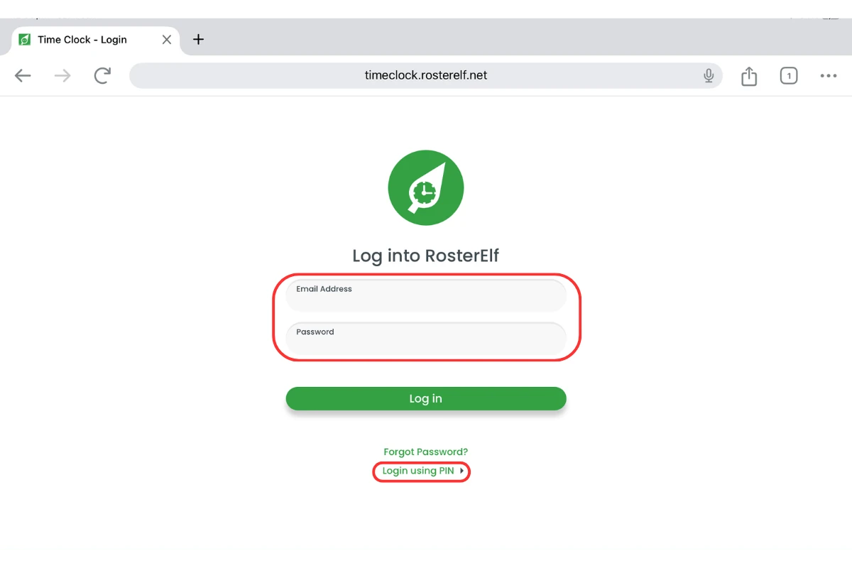 Screenshot showing the TimeClock login screen with admin/PIN options