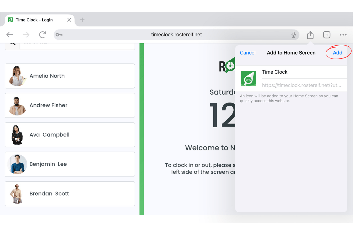 Screenshot highlighting the Add button for finalizing home screen addition