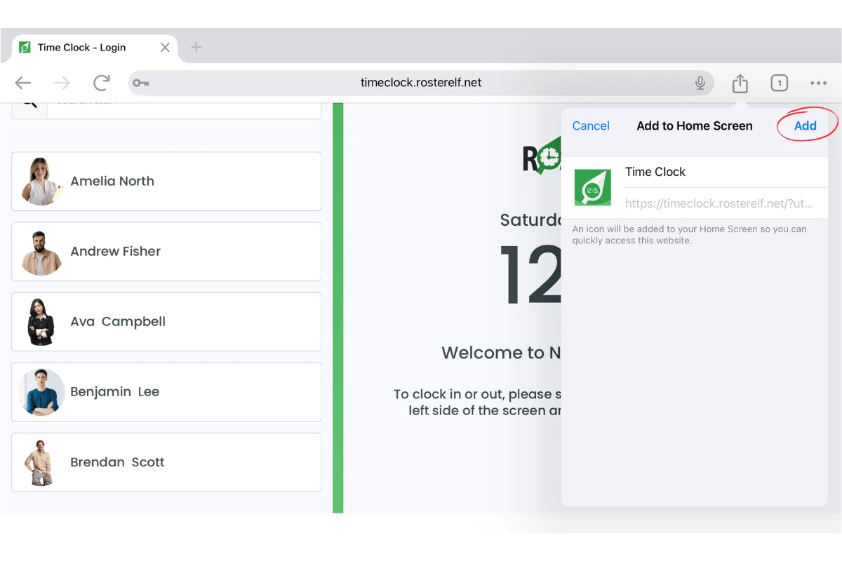 Screenshot highlighting the Add button for finalizing home screen addition