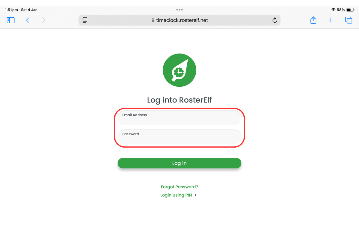 Screenshot showing the admin login fields on the TimeClock page