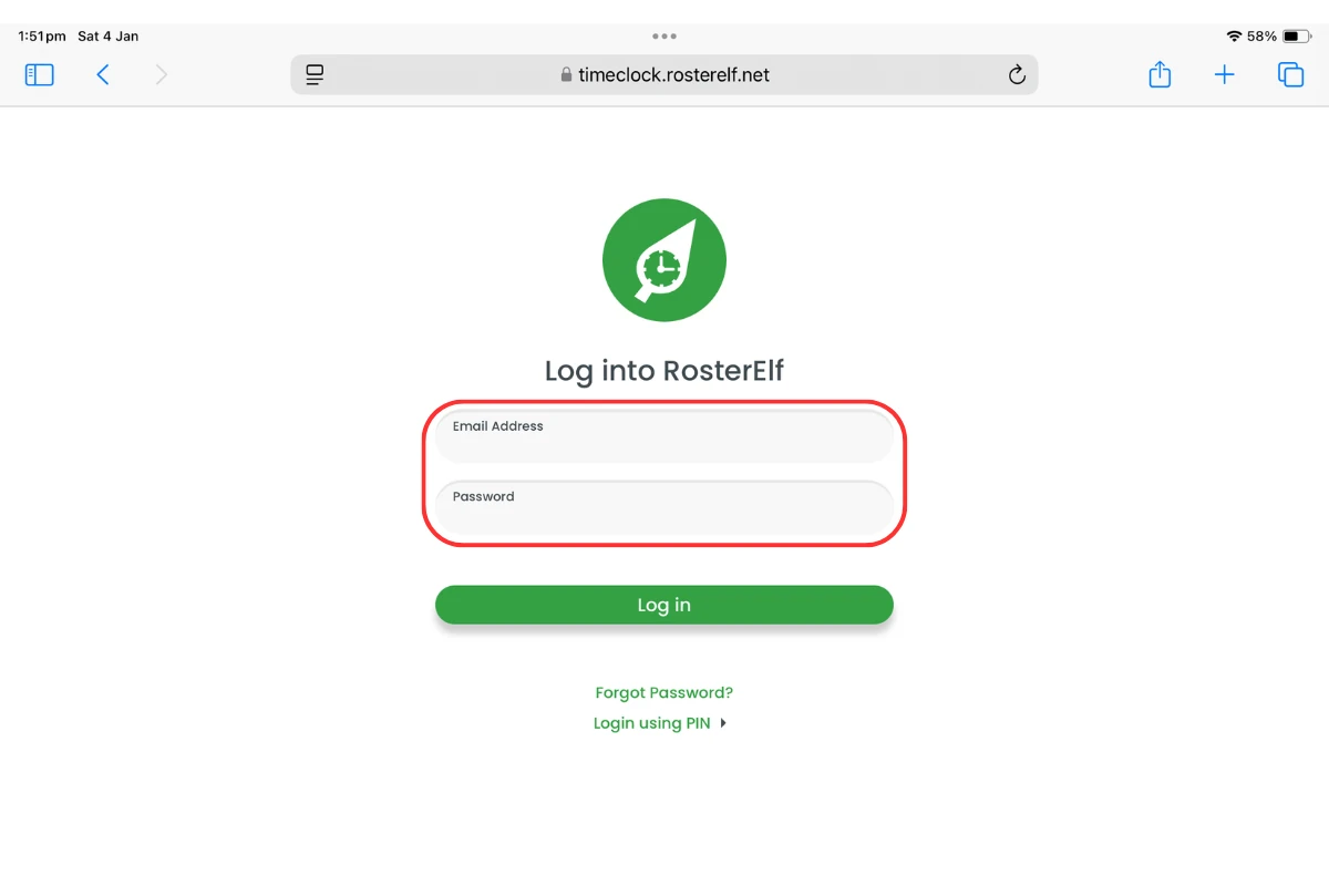 Screenshot showing the admin login fields on the TimeClock page