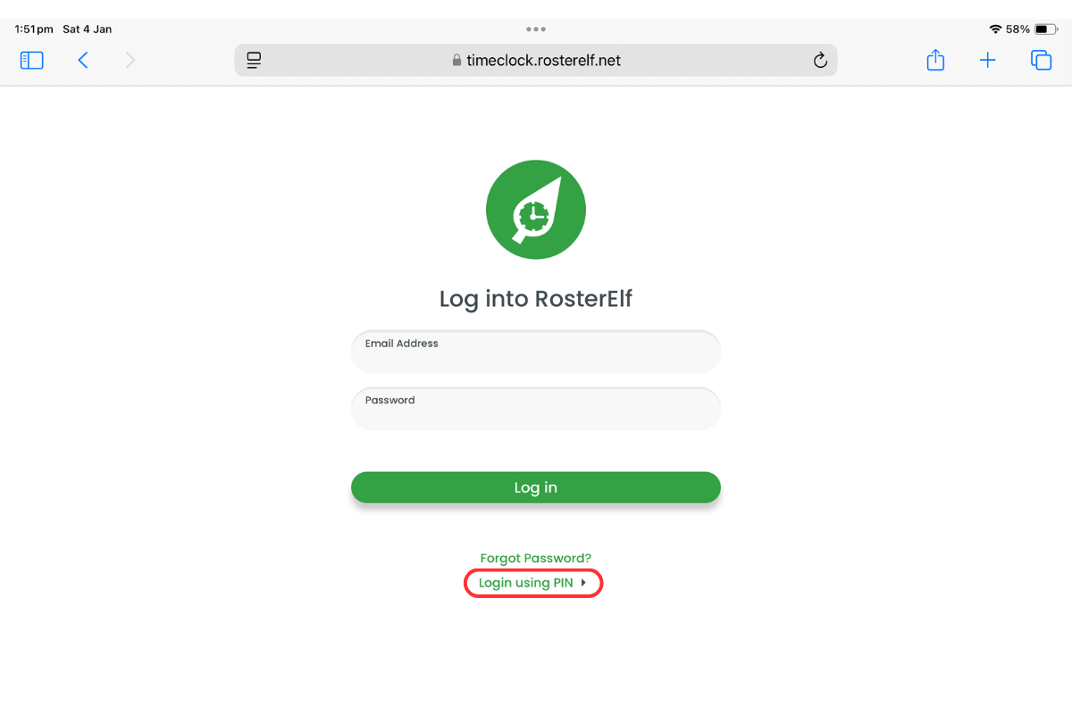 Screenshot demonstrating the PIN login feature on TimeClock
