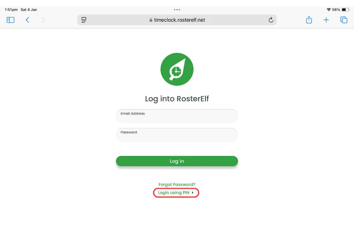 Screenshot demonstrating the PIN login feature on TimeClock
