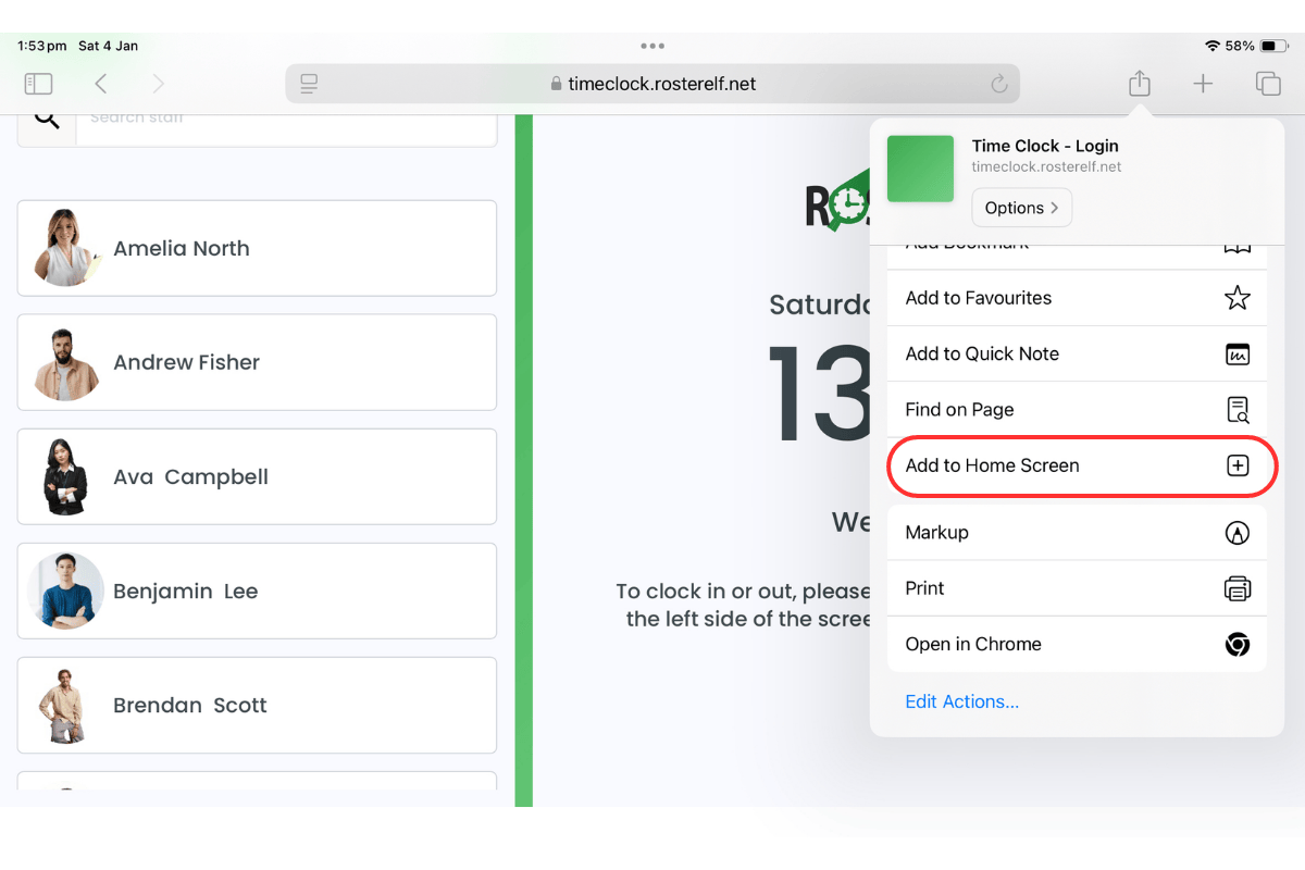 Screenshot showing the 'Add to Home Screen' option in Safari's share menu