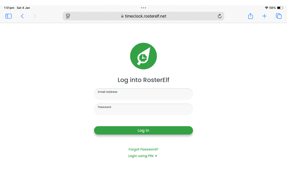 Screenshot indicating the TimeClock URL typed into Safari's address bar