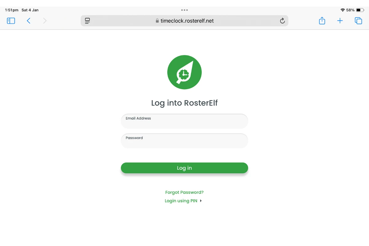 Screenshot indicating the TimeClock URL typed into Safari's address bar
