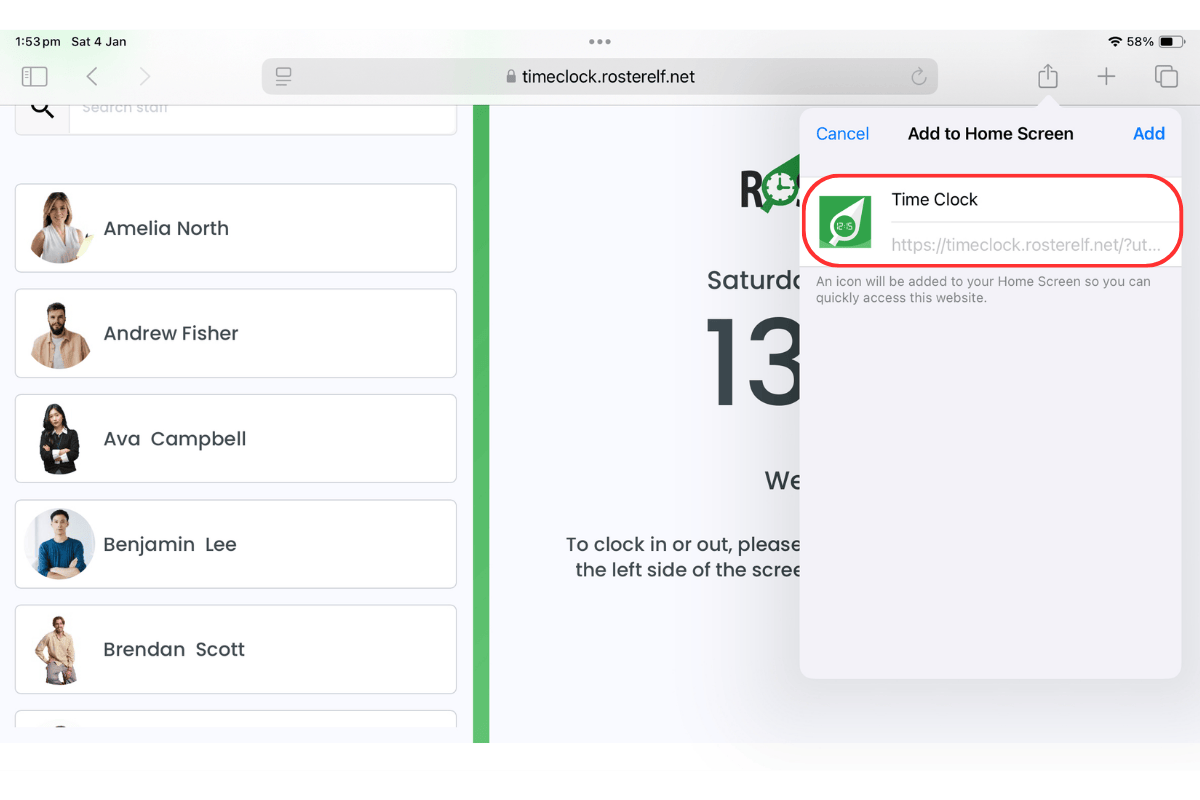 Screenshot where you can rename the TimeClock app icon