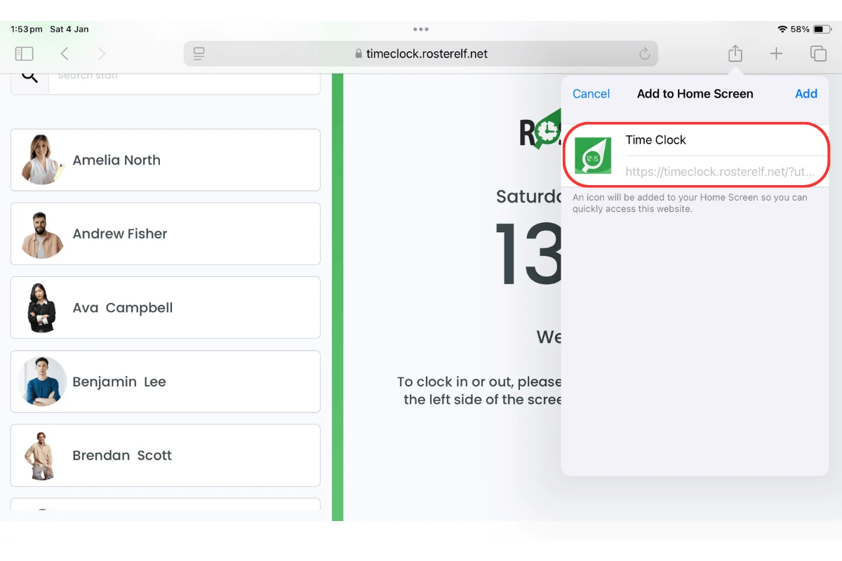 Screenshot where you can rename the TimeClock app icon