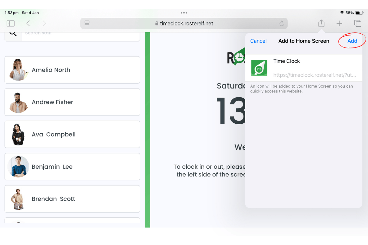 Screenshot highlighting the Add button to finalize addition to the iPad home screen