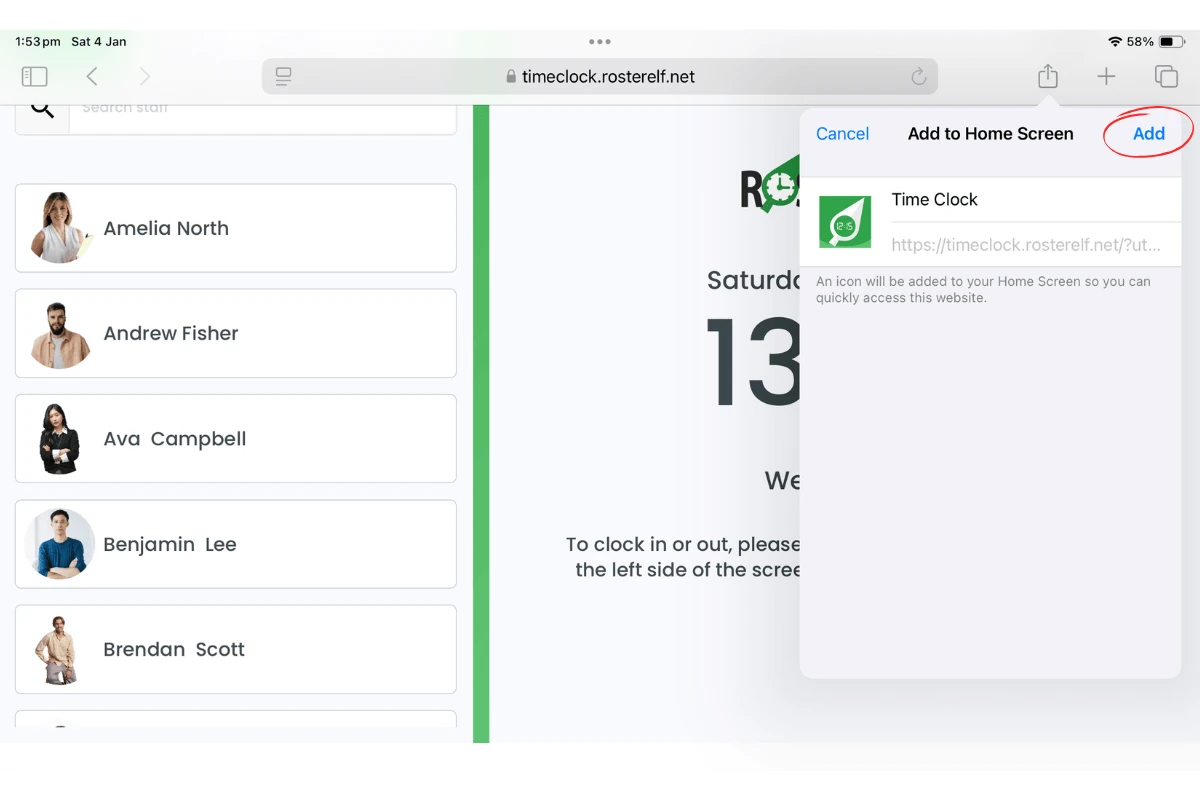 Screenshot highlighting the Add button to finalize addition to the iPad home screen