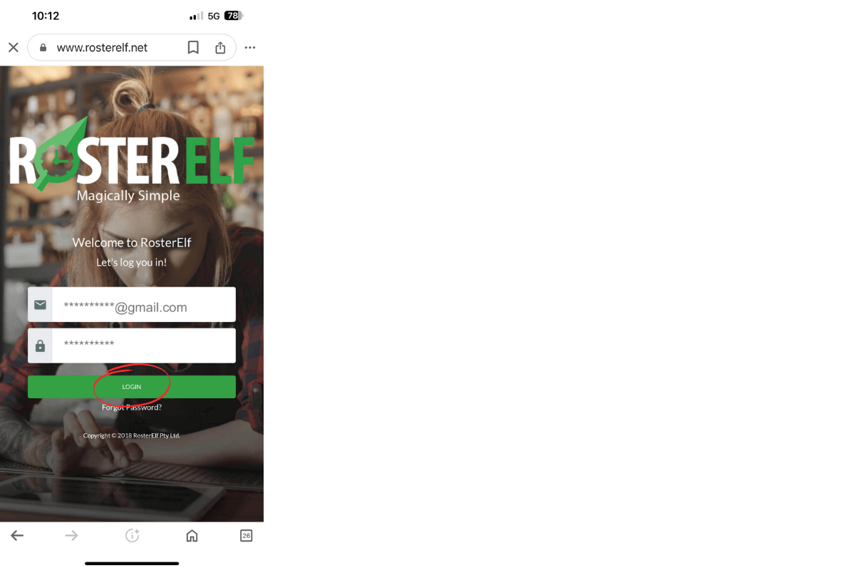 RosterElf login screen on Android Chrome