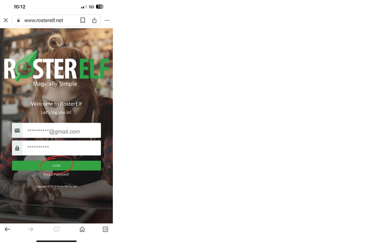 RosterElf login screen on Android Chrome