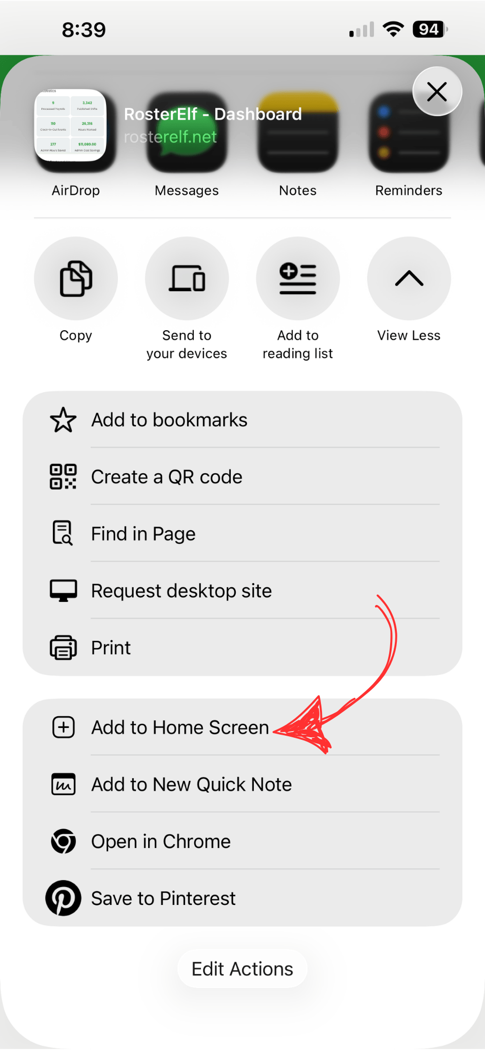 RosterElf login URL entered in Chrome address bar on iPhone