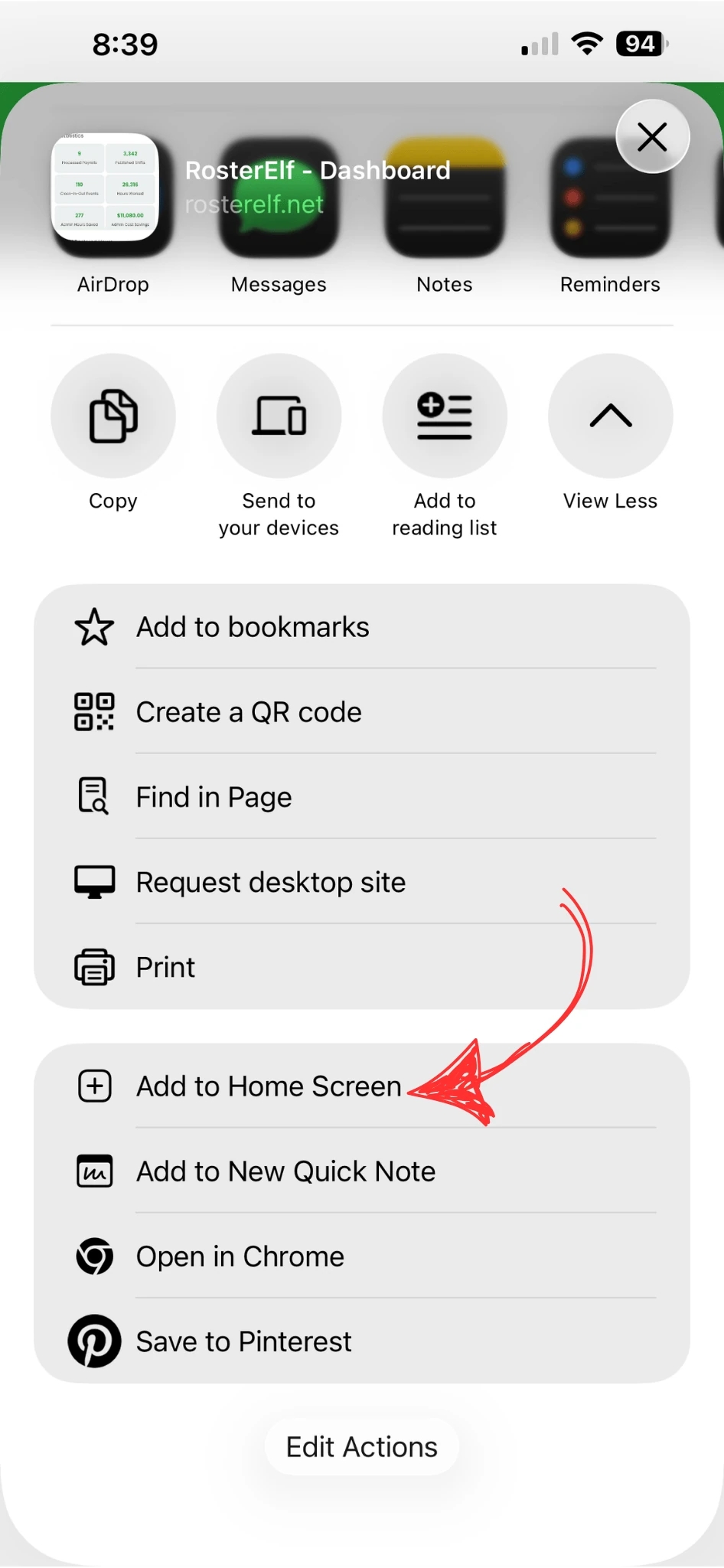 RosterElf login URL entered in Chrome address bar on iPhone