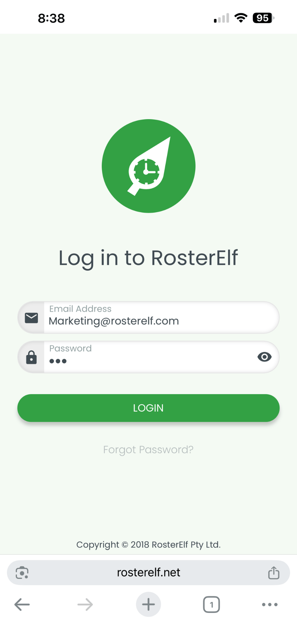 RosterElf login screen on iPhone Chrome showing username and password fields