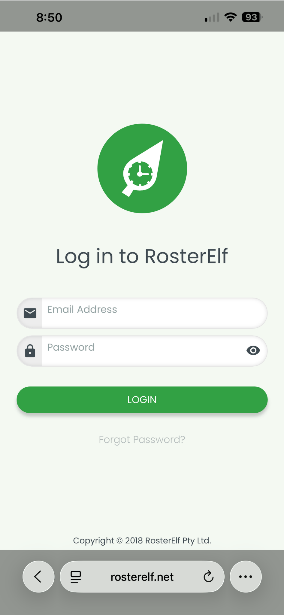 RosterElf login screen on iPhone Safari showing username and password fields