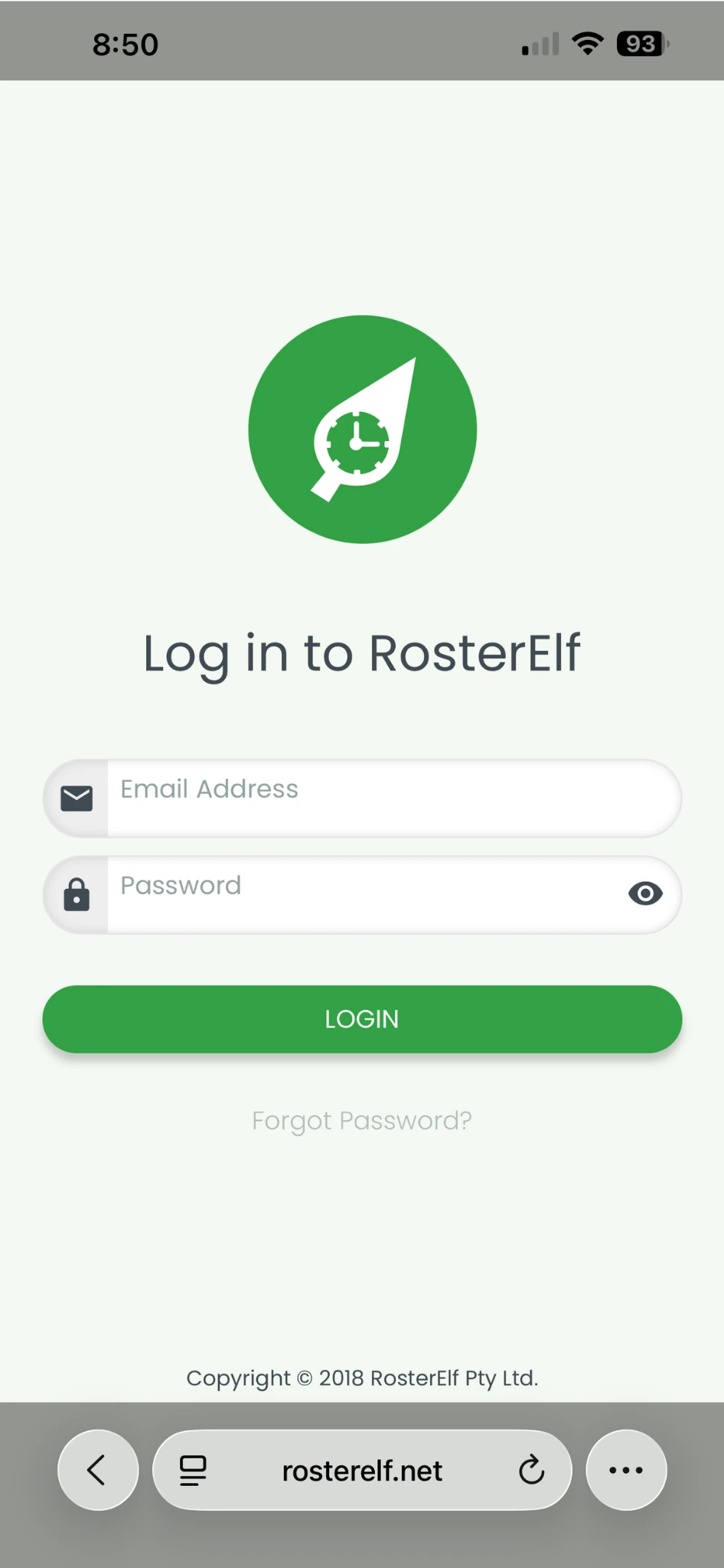RosterElf login screen on iPhone Safari showing username and password fields