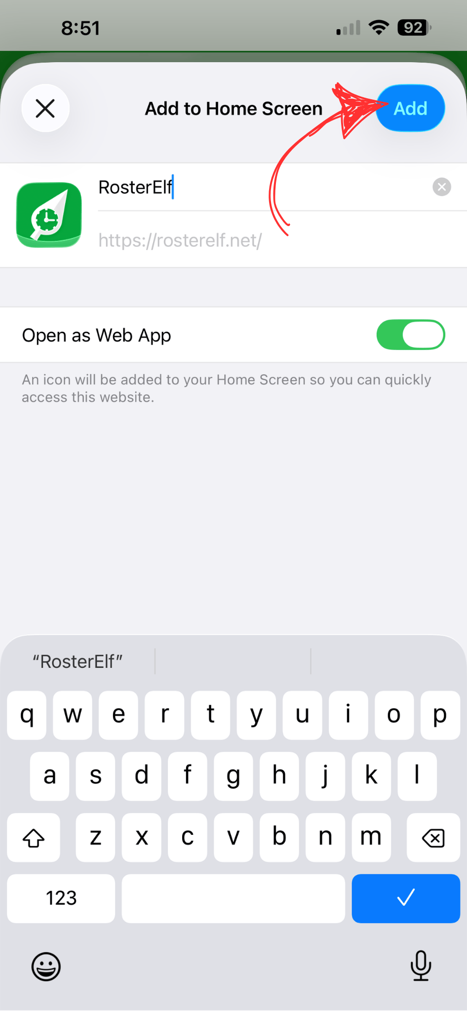 RosterElf app icon visible on iPhone home screen
