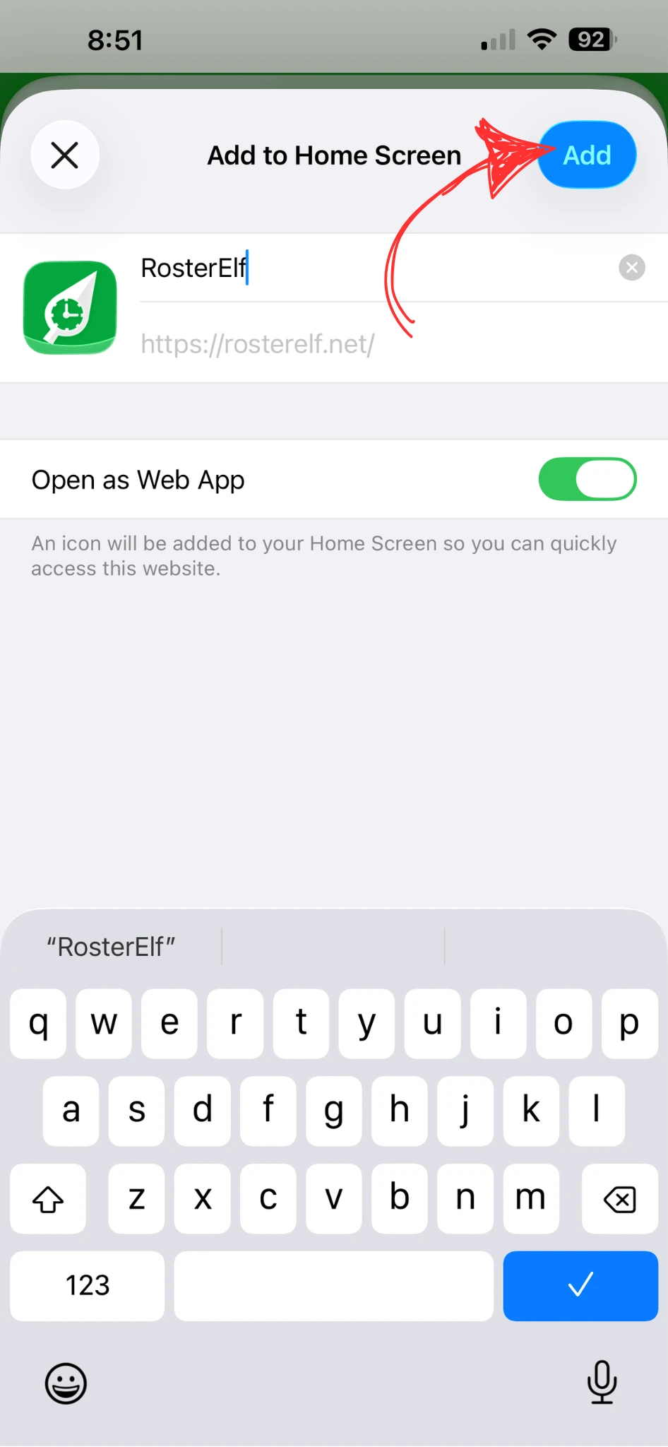 RosterElf app icon visible on iPhone home screen