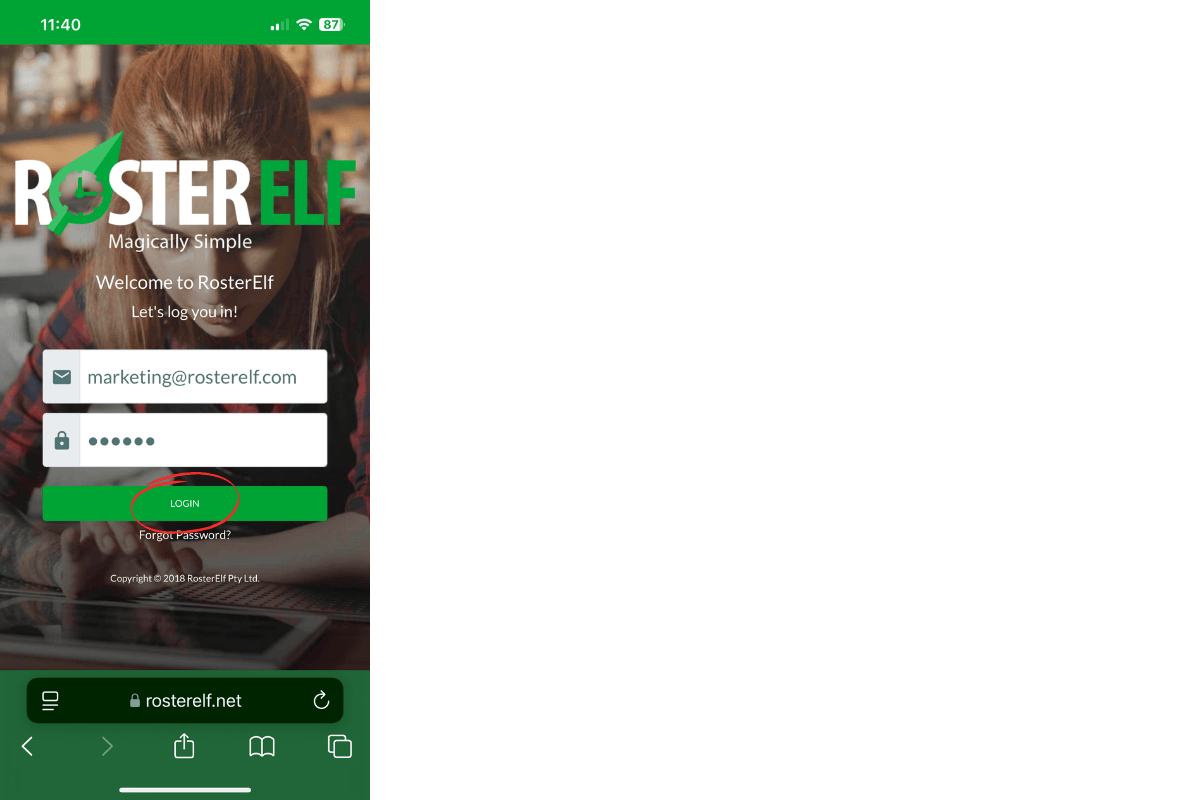 RosterElf login screen on iPhone Safari