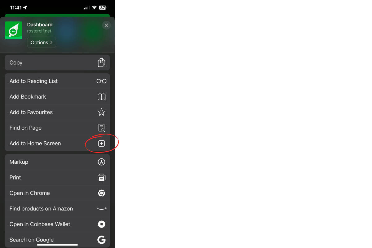 Add to Home Screen option in Safari
