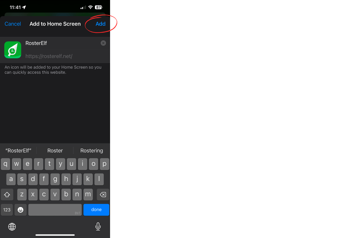 Confirm adding RosterElf to home screen