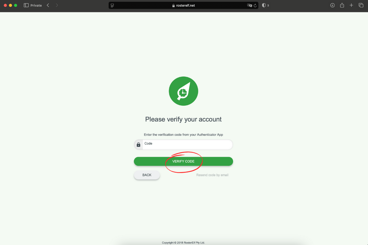 MFA screen prompt for RosterElf in Safari