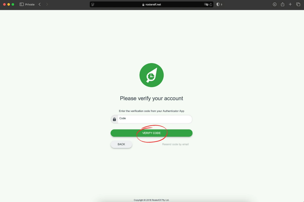MFA screen prompt for RosterElf in Safari