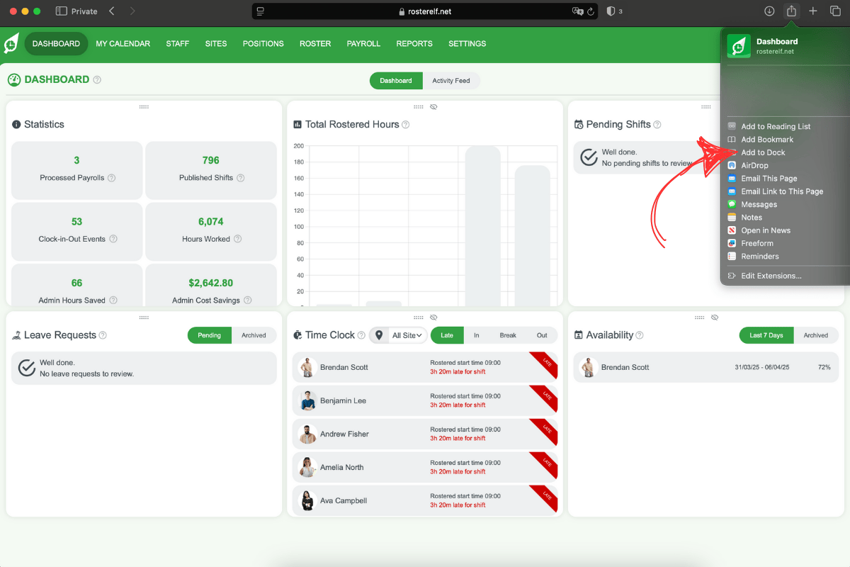 Safari prompt to add RosterElf PWA to Dock