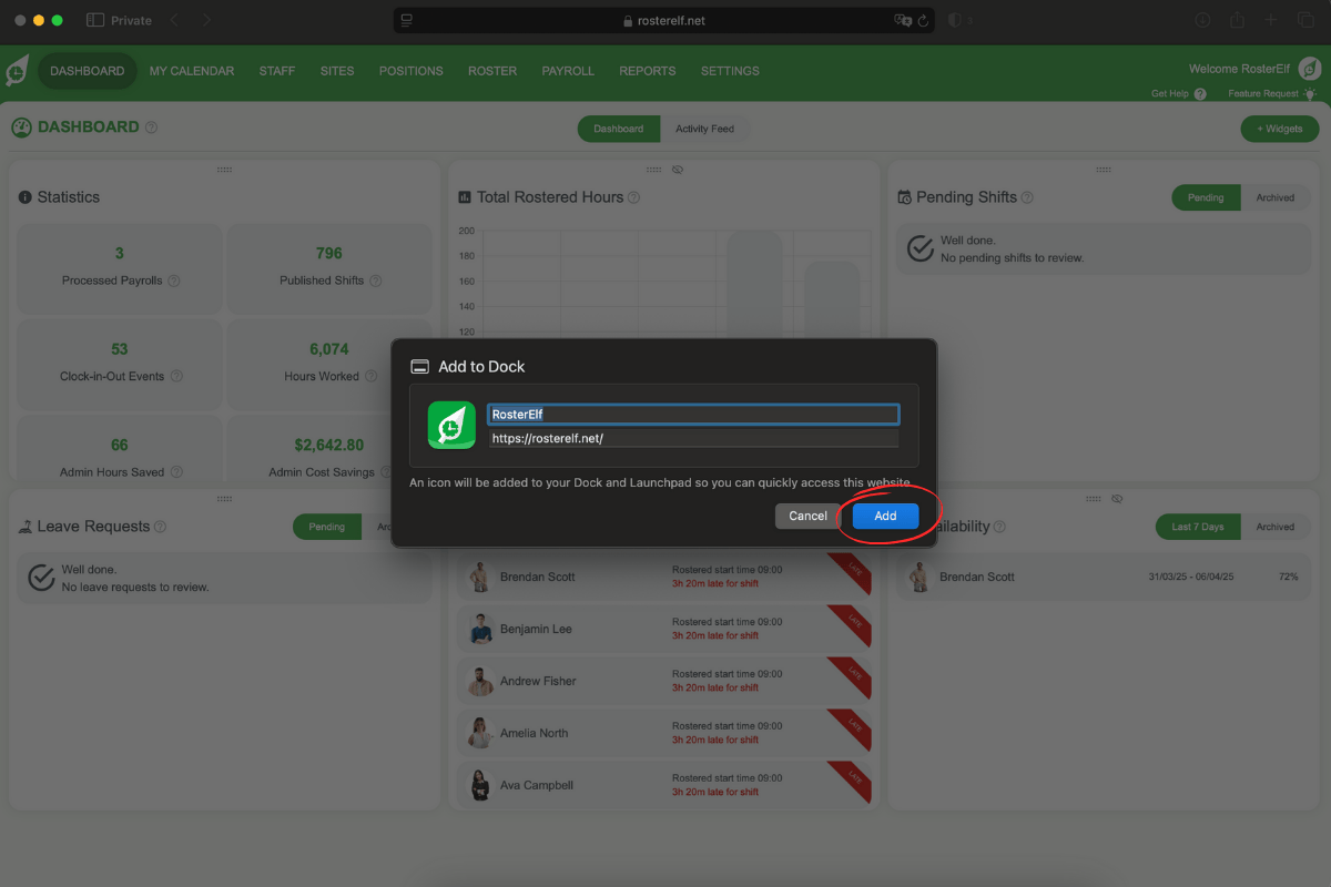 Safari Add to Dock confirmation window