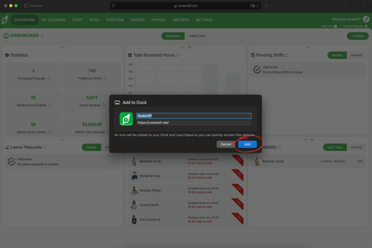 Safari Add to Dock confirmation window