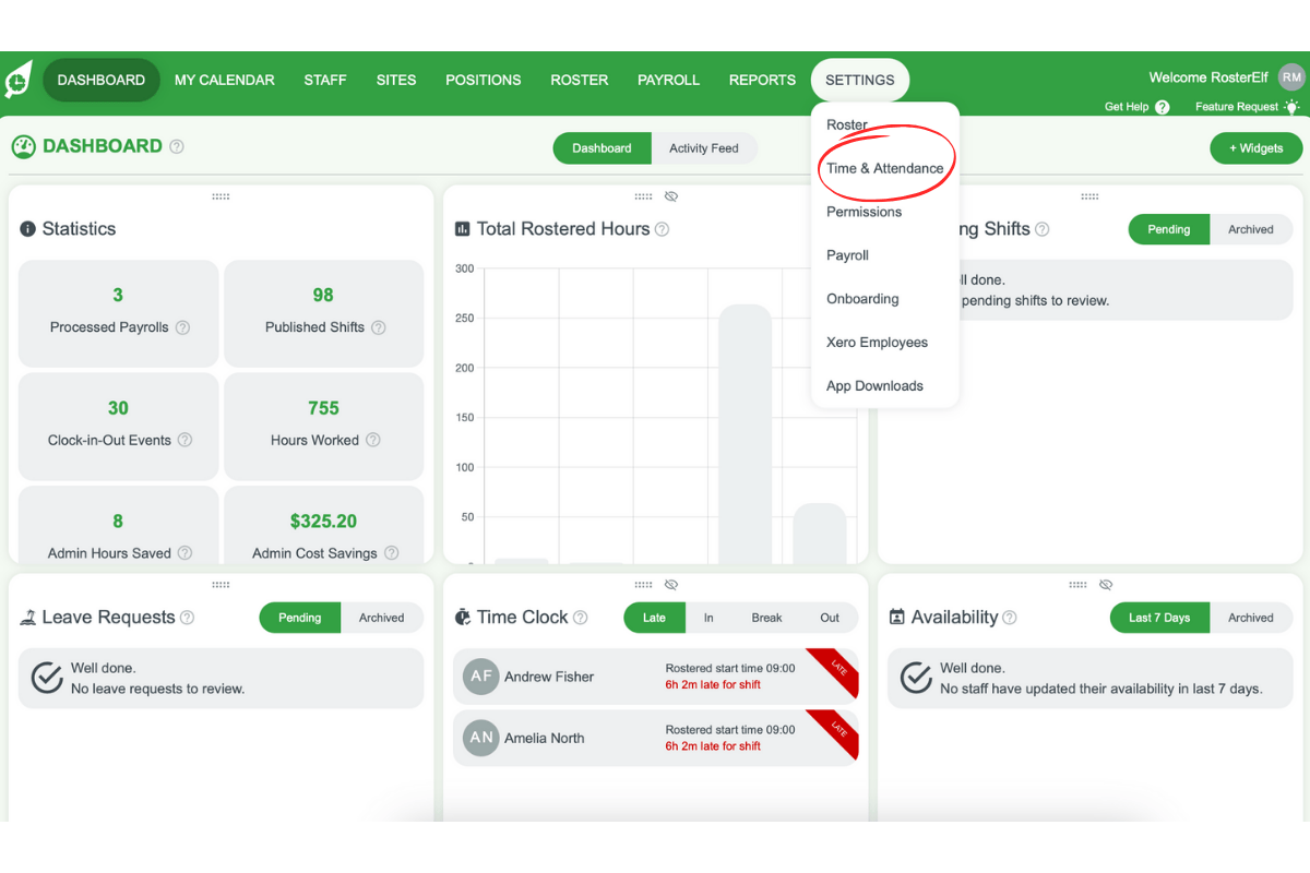 Screenshot showing the Time & Attendance option under Settings