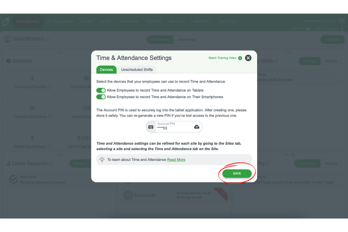 Screenshot illustrating the Save button after resetting PIN