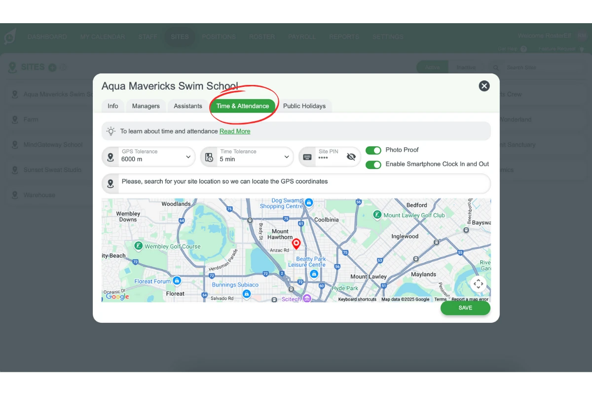 Screenshot illustrating the Time & Attendance tab within a site\'s settings