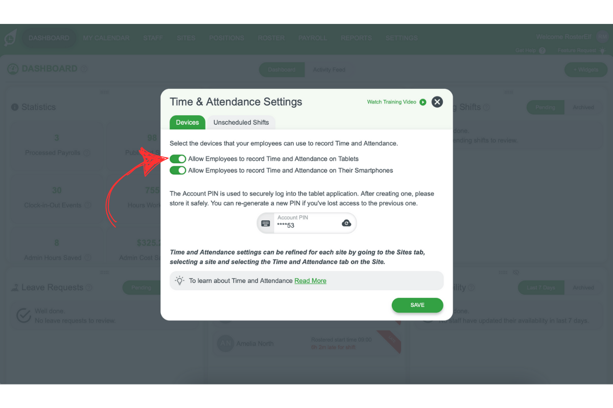 Screenshot showing the tablet time recording toggle