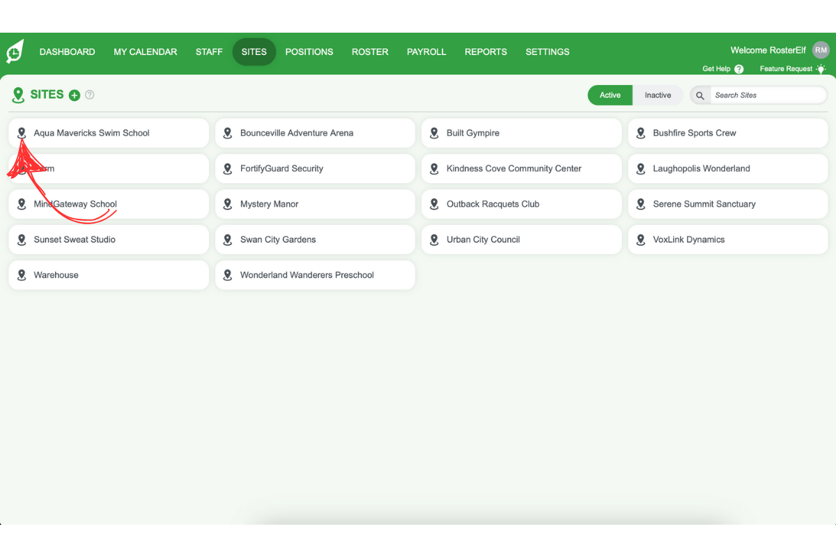 Screenshot showing site selection for settings
