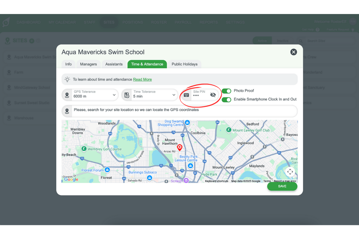 Screenshot showing the site-specific PIN