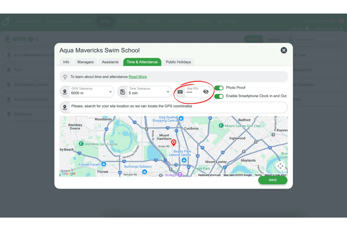 Screenshot showing the site-specific PIN