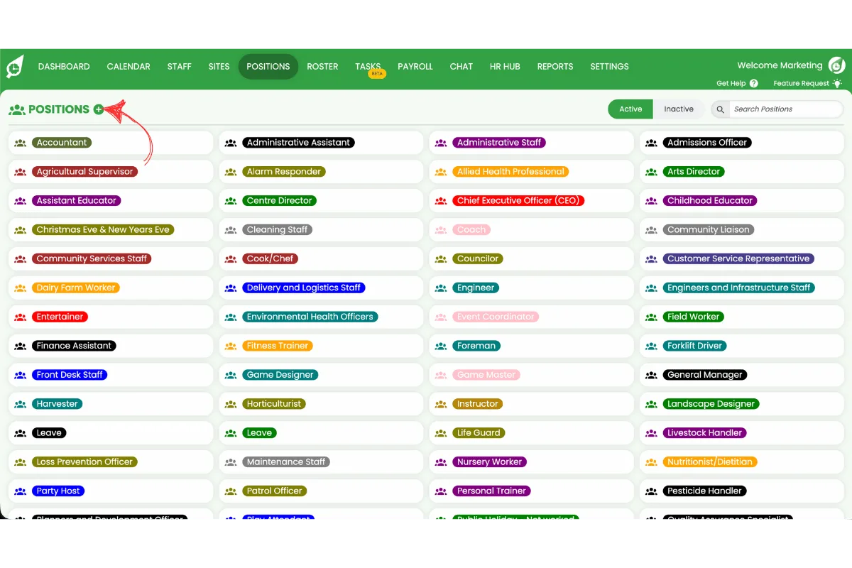 Screenshot of the plus button used to add a new position in RosterElf