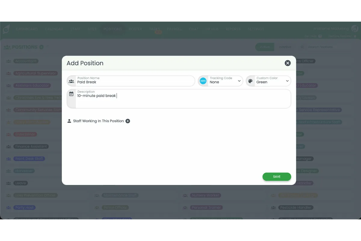Screenshot of the Add Position modal with the name set to Paid Break, colour set to green, and a description entered