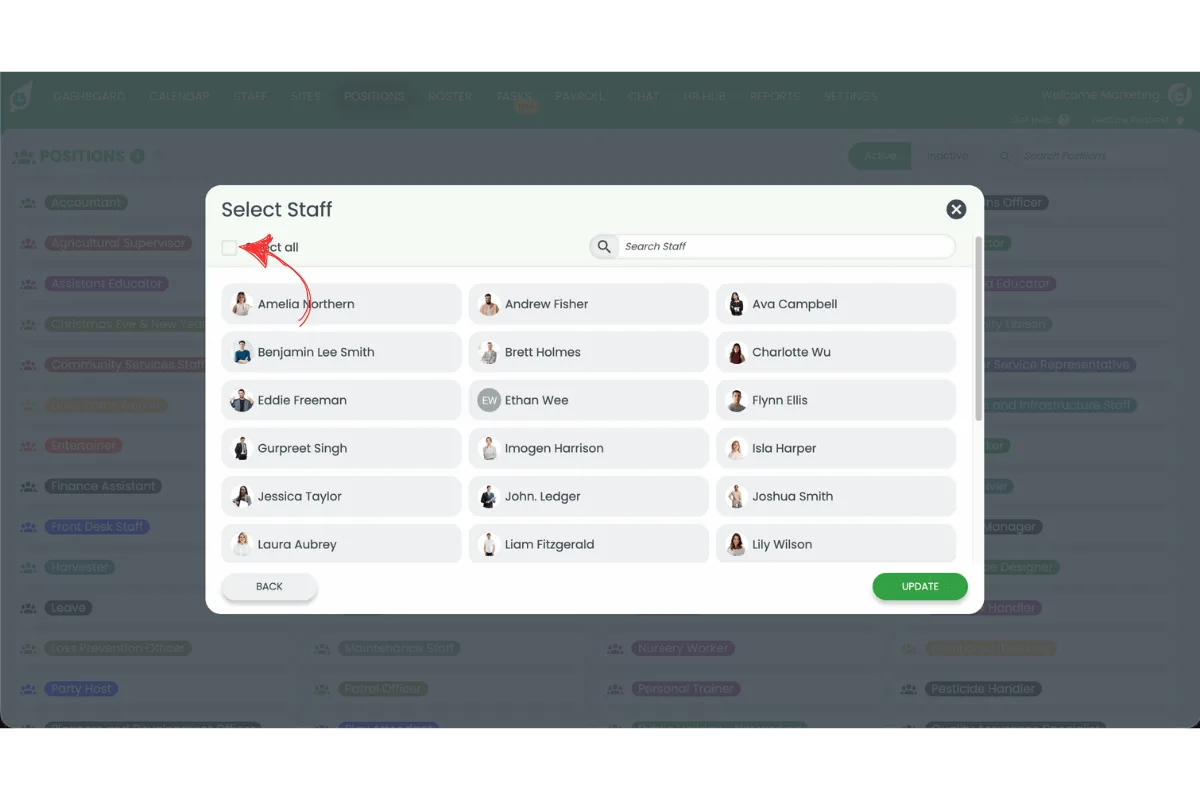 Screenshot of the Select Staff modal with the Select all checkbox highlighted
