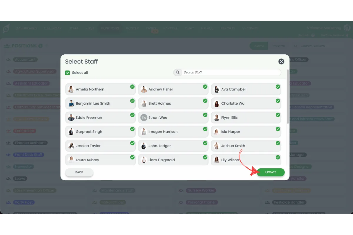 Screenshot showing all staff selected in the Select Staff modal with the Update button highlighted