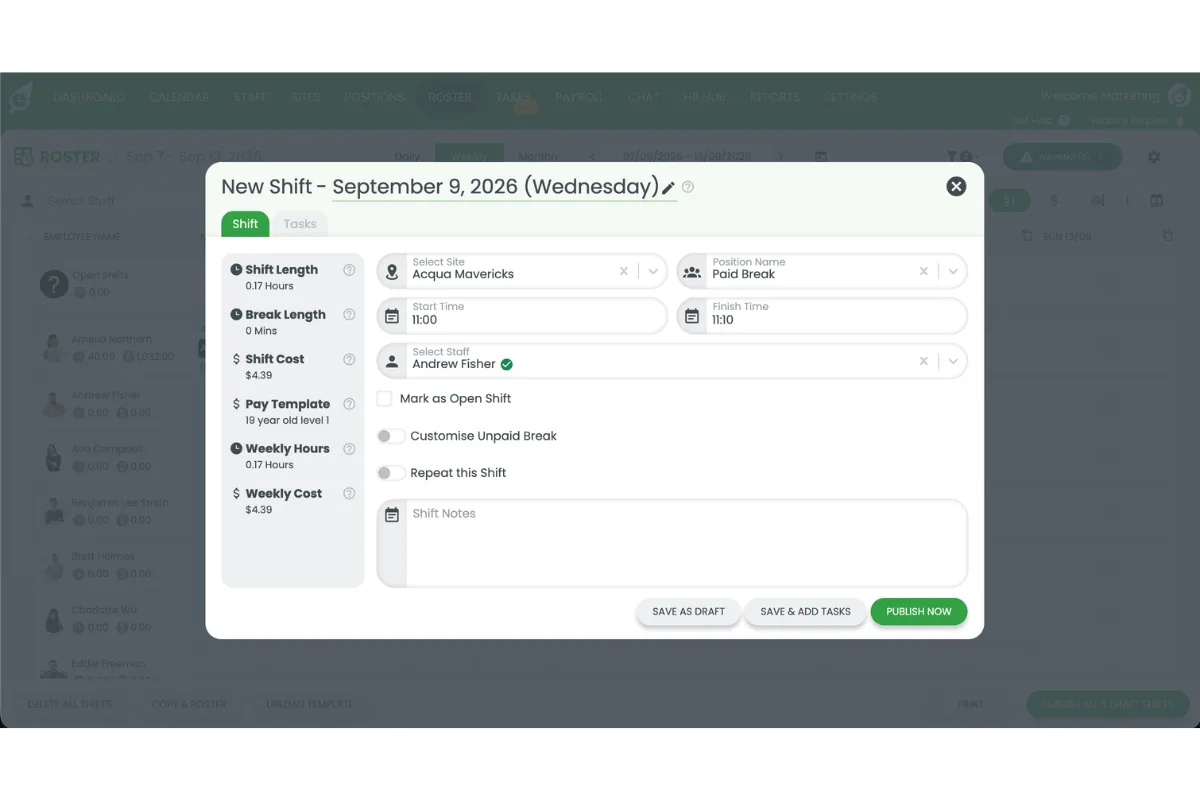 Screenshot of a new shift on the roster with the Paid Break position, a 10-minute duration, and a staff member assigned