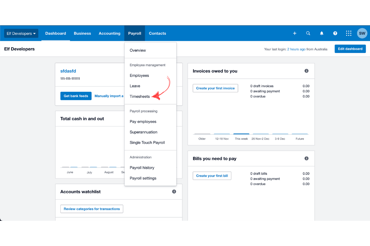 Screenshot showing Payroll then Timesheets navigation in Xero